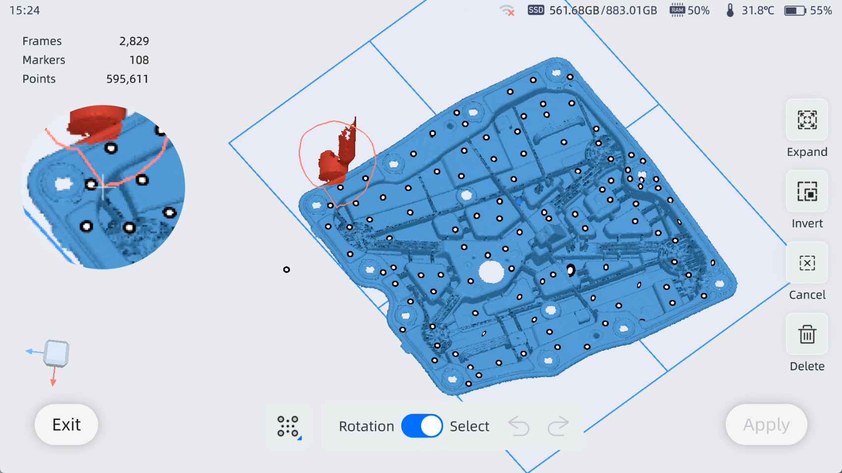 Vue du mode de retouche de fichier sur EinScan Libre