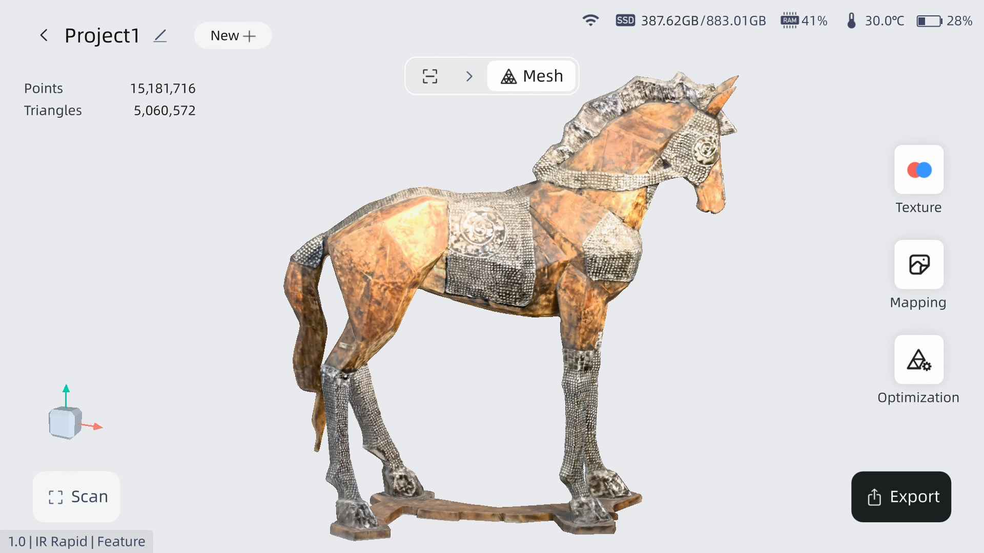 Statue de cheval numérisée et transformée en fichier polygonal