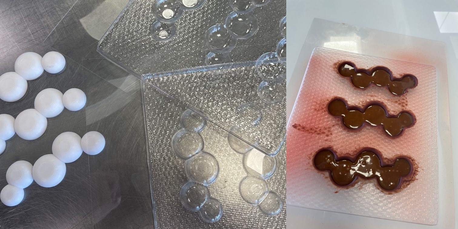 Pièce 3D, moule thermoformé et chocolat coulé dans le moule